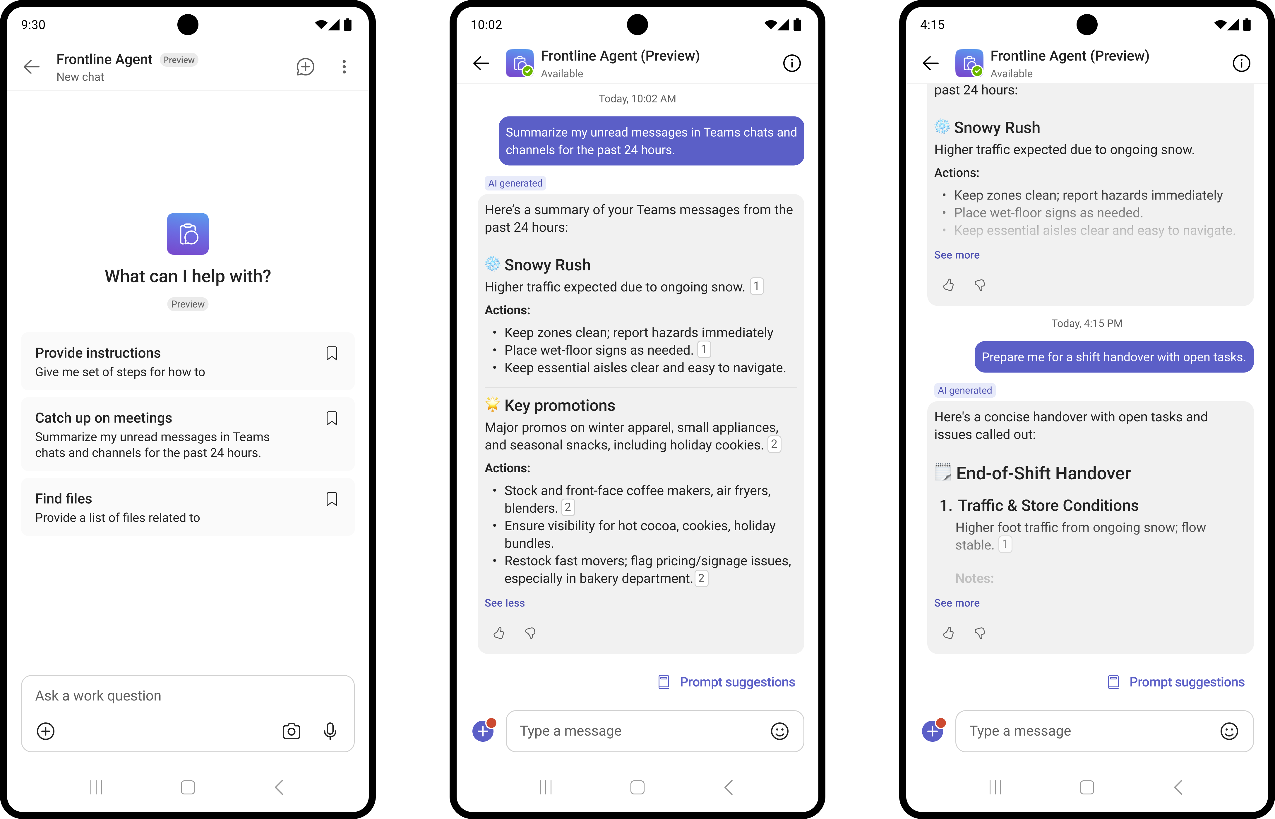 Three phone screens of Frontline Agent: the welcome screen, a shift catch-up summary, and an end-of-shift handover