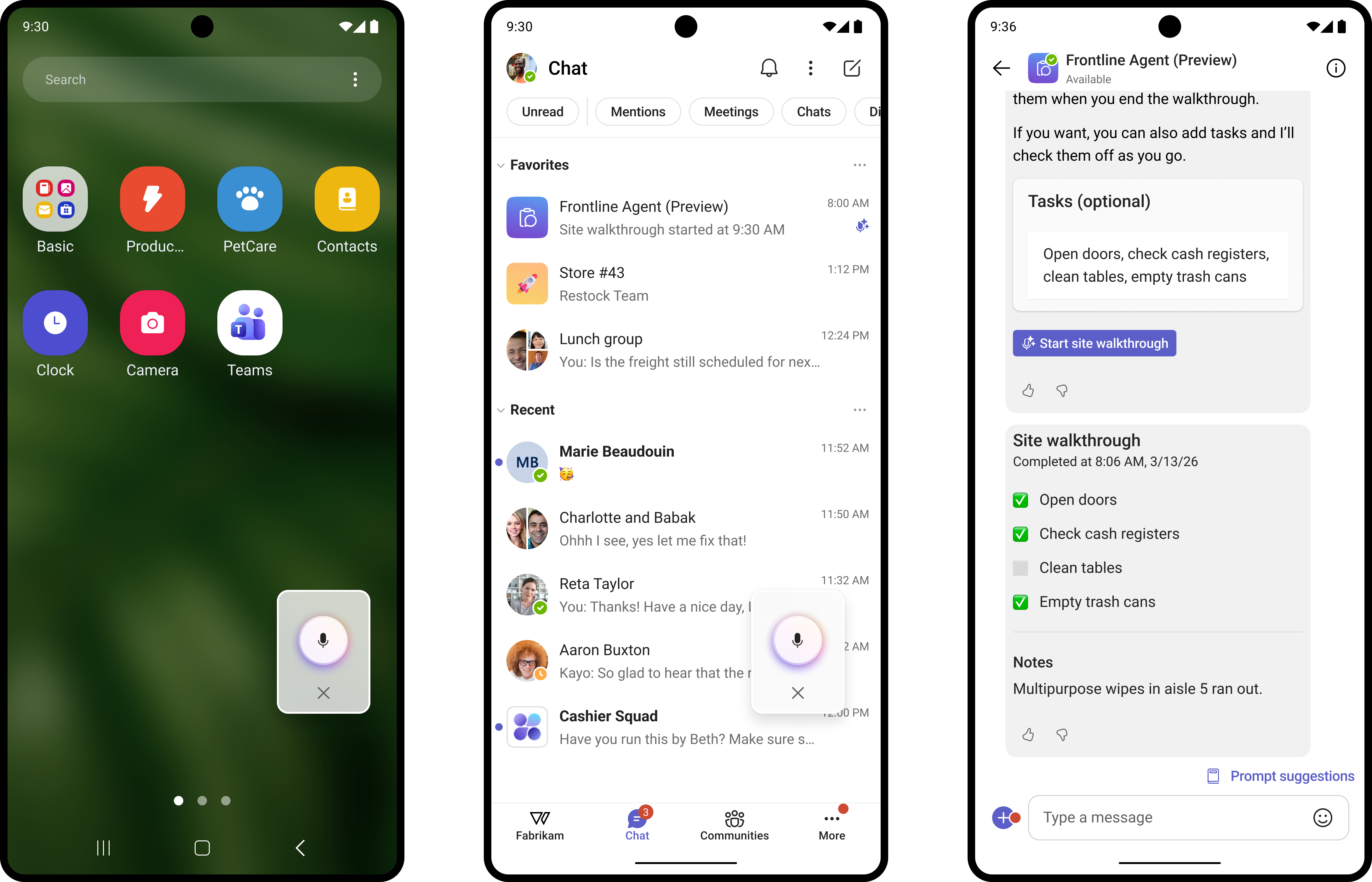Site walkthrough by voice: starting from the home screen, the floating listening bubble, and the completed checklist in chat