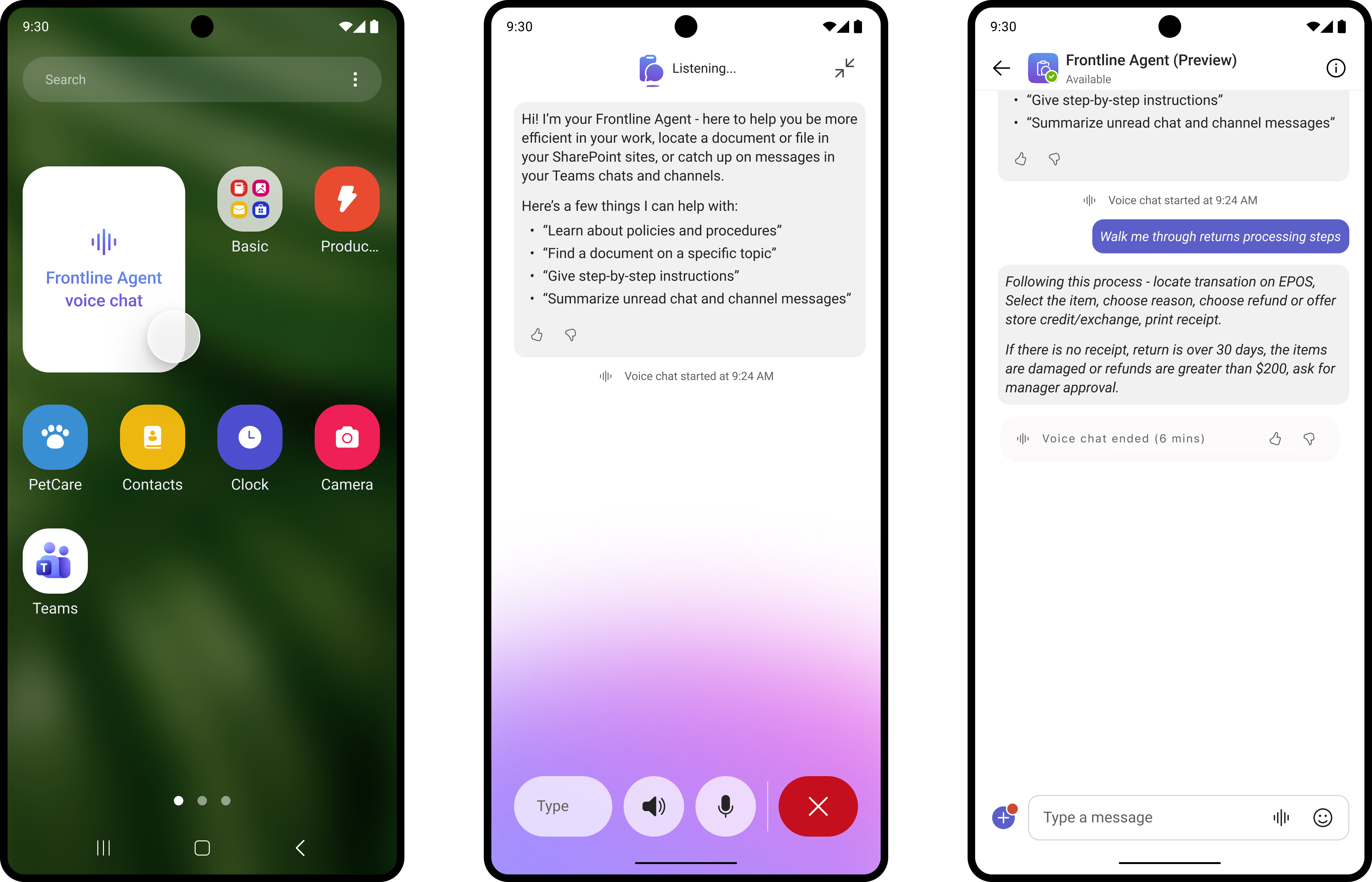 Frontline Agent voice experience: launching voice from the home screen, the listening state, and the conversation afterward